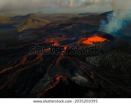 Impressive aerial View of the active volcano explosions of lava and magma rivers in Gridavik Iceland