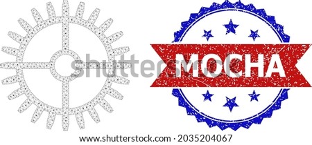 Mocha grunge watermark, and clock gearwheel icon mesh structure. Red and blue bicolored stamp contains Mocha tag inside ribbon and rosette. Abstract flat mesh clock gearwheel, created from flat mesh.