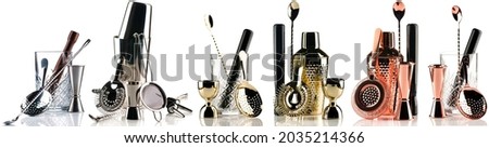 Barman equipment. steel, gold and copper Shaker, strainer on white, bartender set on white background. Set of bar tools for making a cocktails isolated Royalty-Free Stock Photo #2035214366