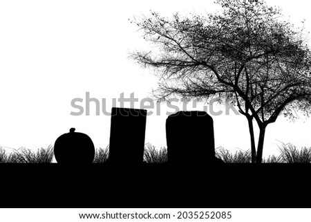Silhouette of the cemetery with tombstones and trees with white background. Halloween concept