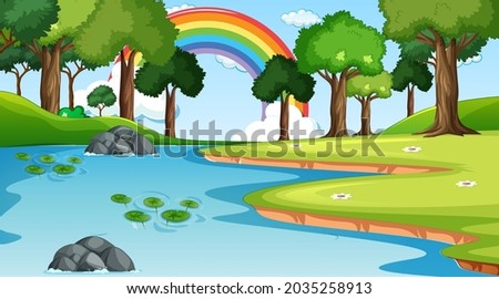 Nature scene background with rainbow in the sky illustration