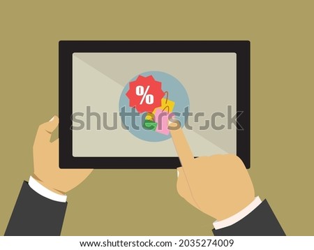 Hand holing smart phone with buy button on the screen. E-commerce flat design concept. Using mobile smart phone similar to iphon for online purchasing. Eps 10 vector