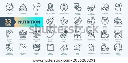 Web Set of Nutrition, Healthy food and Detox Diet Vector Thin Line Icons. Contains such Icons as Obesity, Caunt Calories, Palm oil free, Probiotics and more. Outline icons collection. Simple vector il Royalty-Free Stock Photo #2035283291