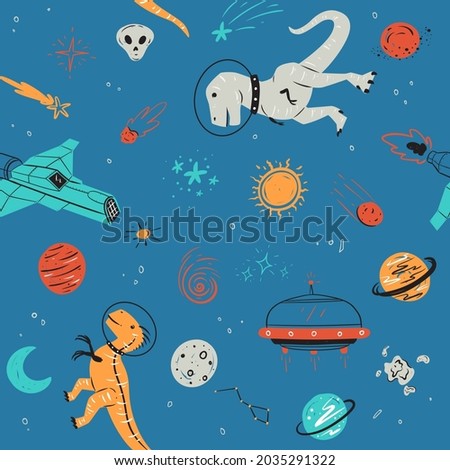Vector Seamless Pattern. Dinosaurs, spaceships, and Planet. Best For Fabric Printing, Wallpaper, Backgrounds, Graphics Elements, Poster