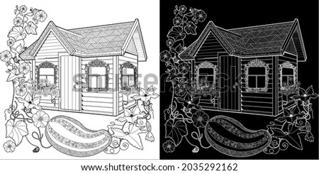 Nice house with flowers. Coloring book antistress for children and adults. Art therapy coloring page. Zen tangle style. Hand draw