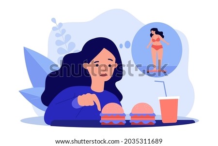 Girl worrying about her appearance, eating fast food. Flat vector illustration. Cartoon woman looking at hamburgers and soda, thinking about being overweight. Diet, health, junk food concept Royalty-Free Stock Photo #2035311689