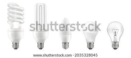 Light bulbs realistic 3D vector illustrations set. Different lightbulb types with various shapes isolated on white background. Halogen, led, incandescent, energy saving and CFL lamps. Modern illuminat Royalty-Free Stock Photo #2035328045