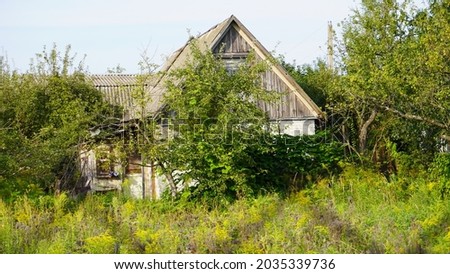 view of the old country houses among flowers and trees against the blue sky in summer
