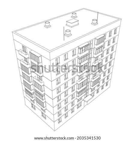 Contour of a multi-storey residential building from black lines isolated on a white background. 3D. Vector illustration.