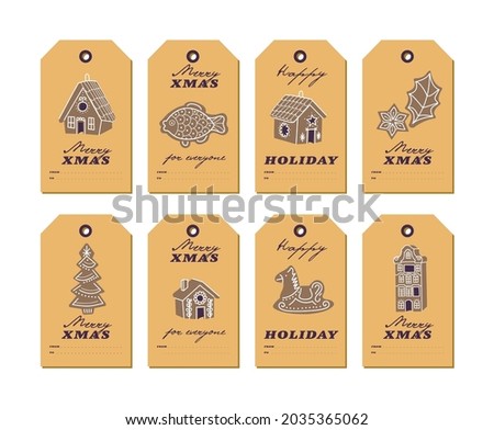 Vector colorful design Christmas gingerbread cookies on craft papers. Christmas tags or labels set with typography and colorful icon.