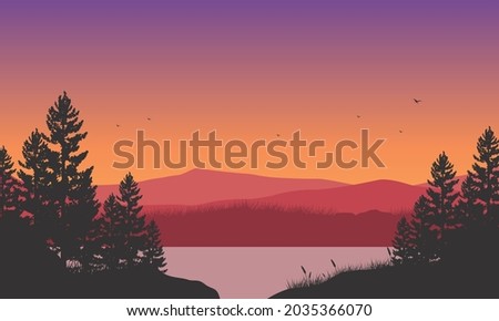 Incredible Mountains panorama with beautiful pine tree silhouettes from the riverbank at dusk. Vector illustration of a city