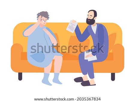 Two flat people sitting on sofa with utility bill vector illustration