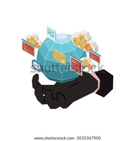 Digital crime concept with hacker hand in black glove and isometric symbols 3d vector illustration