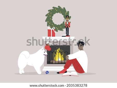 A young male Black character playing with their dog on the floor in front of the mantelpiece, cozy winter interior