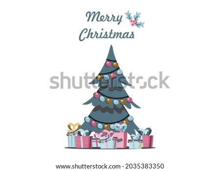 Christmas tree and other holiday details. Childish hand-drawn scandinavian style. Vector illustration