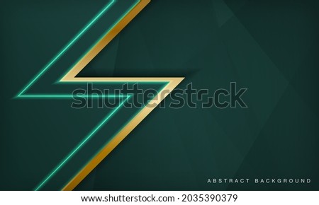 Abstract luxury overlap layers background with golden line and green light effect decoration. Modern technology graphic design template elements for poster, flyer, brochure, or banner.