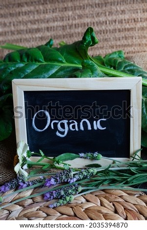 chalkboard with fresh green leafy vegetables with the word organic written down