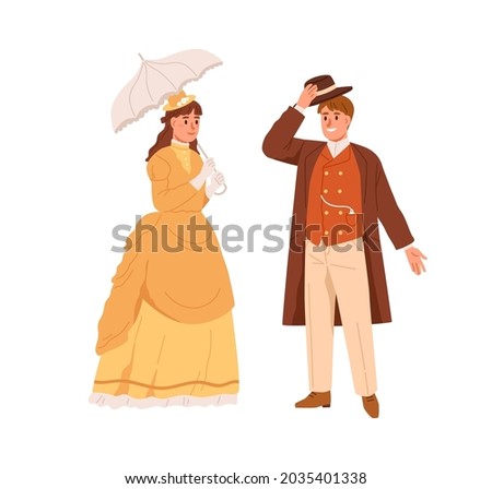American man and woman of 19th century. Noble people in vintage clothes. Gentleman with hat off greeting lady in petticoat dress with umbrella. Flat vector illustration isolated on white background Royalty-Free Stock Photo #2035401338