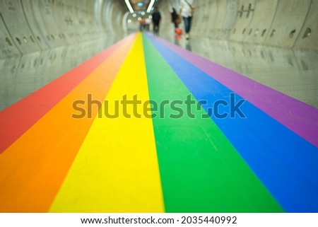 Crossing the street on a multi colored crosswalk painted with the colors of the pride flag. Rainbow, LGBTQIA Rights