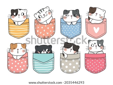 Draw vector illustration character design collection cute cats in pocket Doodle cartoon style
