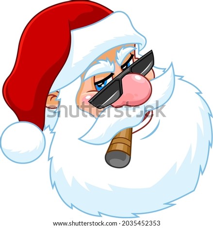 Bad Santa Claus Face Portrait Cartoon Character With Sunglasses Smoking Cigar. Vector Hand Drawn Illustration Isolated On Transparent Background