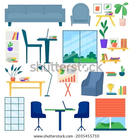 Office furniture set, vector illustration. Table design, armchair, modern desk for work room interior, isolated on white. Sofa, lamp