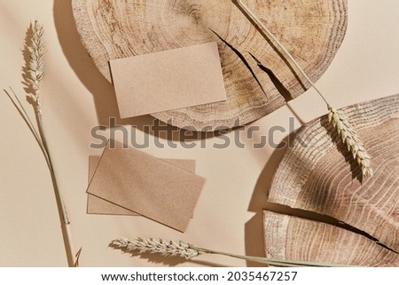 Flat lay of creative composition with mock up visit cards, textile, rocks, wood, natural materials, dry plants and personal accessories. Neutral colors, top view, template.