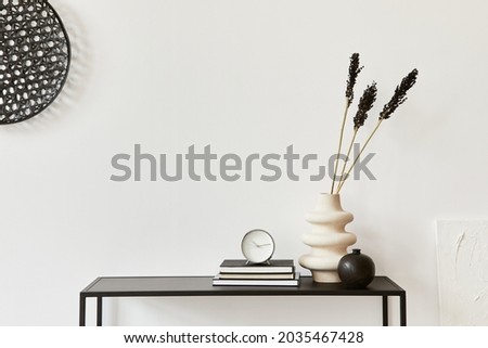 Minimalistic stylish composition of creative room interior design with copy space, metal shelf, plants and personal accesories. Black and white concept. Template.