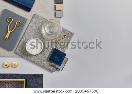 Flat lay of creative architect moodboard composition with samples of building, textile and natural materials and personal accessories. Top view,  white background, template.