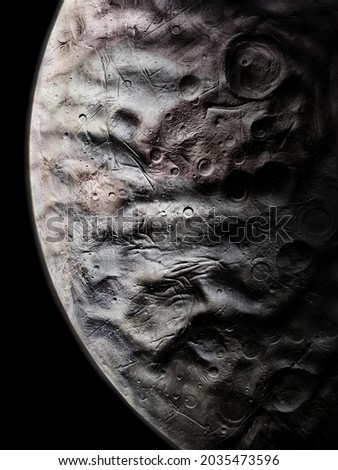 Surface of the moon with craters, Close-up of mountains and surface relief of the planet satellite 3d rendering.