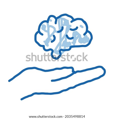 hand hold brain sketch icon vector. Hand drawn blue doodle line art hand hold brain sign. isolated symbol illustration