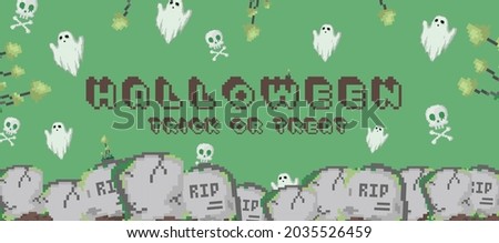 Trendy Green Happy Halloween banner or digital invitation background in retro 8 bit pixel art style. Modern pixel art halloween background with ghosts, skulls, tombs and graves. 8 bit gamer design