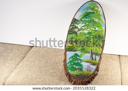 picture depicting trees, shrubs, water