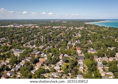 Aerial view of Whitefish Bay looking north east including Lake Michigan