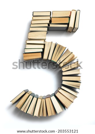 Letter 5 from book spines alphabet set, isolated on white