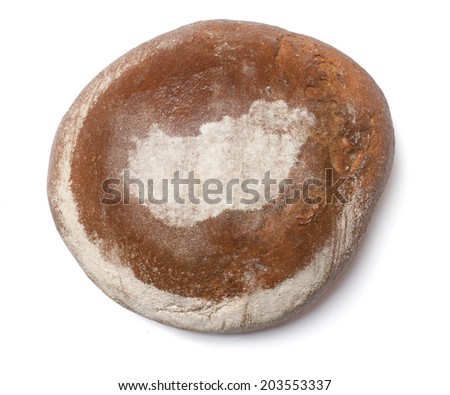 A freshly baked loaf of bread covered with rye flour in the shape of Hungary.(series)