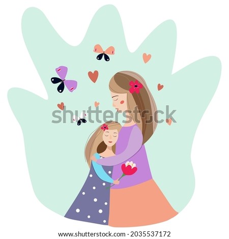 Mother and daughter hugging his little . Flat vector illustration in cartoon style.Mother's day concept media.Print for T-short or hoodie
