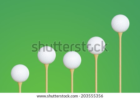 five golf ball on tee, green color background