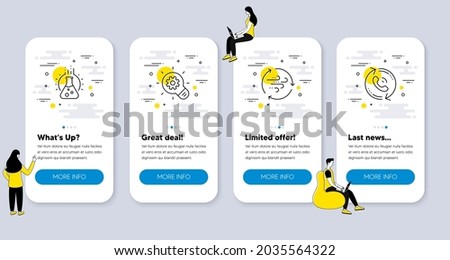 Set of Technology icons, such as Wind energy, Chemistry lab, Cogwheel icons. UI phone app screens with people. Call center line symbols. Breeze power, Laboratory, Idea bulb. Recall. Vector