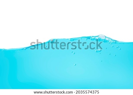 Air bubbles floating in turquoise water slowly float from mid-water to the surface on a white background.