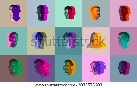 Diversity. Set, collage of young men's and girls faces, heads with colored silhouette, shadow isolated on light background. Human emotion, split personality, mental problems concept. Copyspace for ad.