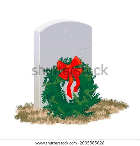 A tombstone made of gray marble and a wreath of fir branches. on National Wreaths Across America Day in honor of fallen heroes.