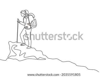 Single continuous line drawing woman climbing up cliff or mountain. Funny hikers, tourists or climbers isolated on white background. Happy girl hiking or trekking. One line draw vector illustration