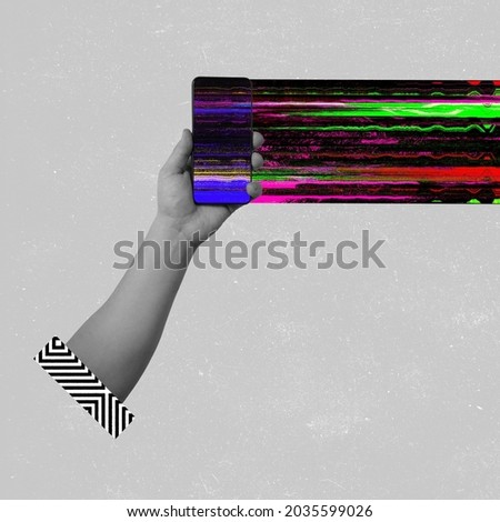 Contemporary art collage of human hand holding phone with bad signal, connection isolated on gray background. Bad quality network information. Modern art. Vintage style. Technological concept, ad