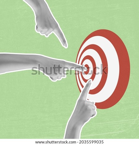 Sense of purpose. Contemporary art collage of three hands pointing at red white target isolated on light green pastel background. Concept of achievement, motivation, goals, ad