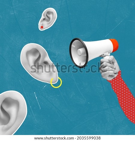 Time for business meeting. Contemporary art collage of human ears and hand holding megaphone on vintage blue background. Briefing time. Concept of work, business. Copy space for ad Royalty-Free Stock Photo #2035599038