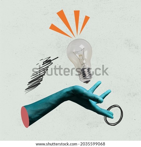 Got an idea. Contemporary art collage with human hand and lightbulb expressing new idea. Vintage style design. Creative imagination. Modern art. Copy space for ad Royalty-Free Stock Photo #2035599068