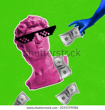 Making profit. Falling money. Contemporary art collage with David's head replica wearing black pixel glasses isolated on bright green background. Copy space for ad. Modern unusual art. Money concept