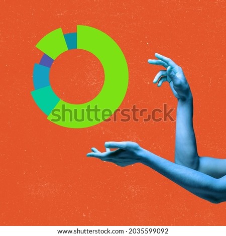 Remote control issue. Contemporary art collage of human hands and round diagram. Quarantine isolation period. Working online. Modern design. Concept of business, working online, modern technologies