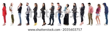 Group of many various casual or business people waiting in the line some calm others impatient. Full body length people isolated on white background Royalty-Free Stock Photo #2035603757